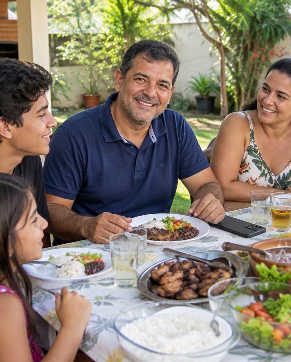 Almoço de domingo em família, com celular virado para baixo ao lado do prato
